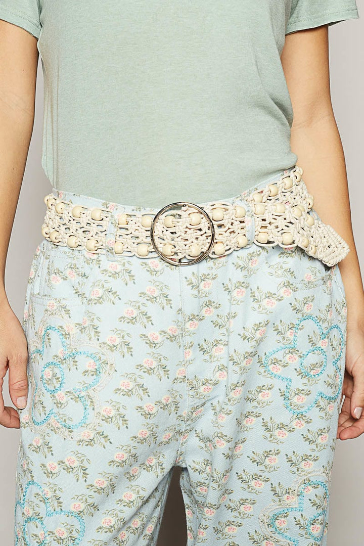 POL Knotted and Twisted Leatherette Beaded Belt with Circular Belt Buckle