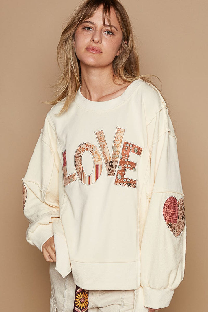 POL L.O.V.E. Letter and Heart Quilted Patch French Terry Balloon Sleeve Pullover Top