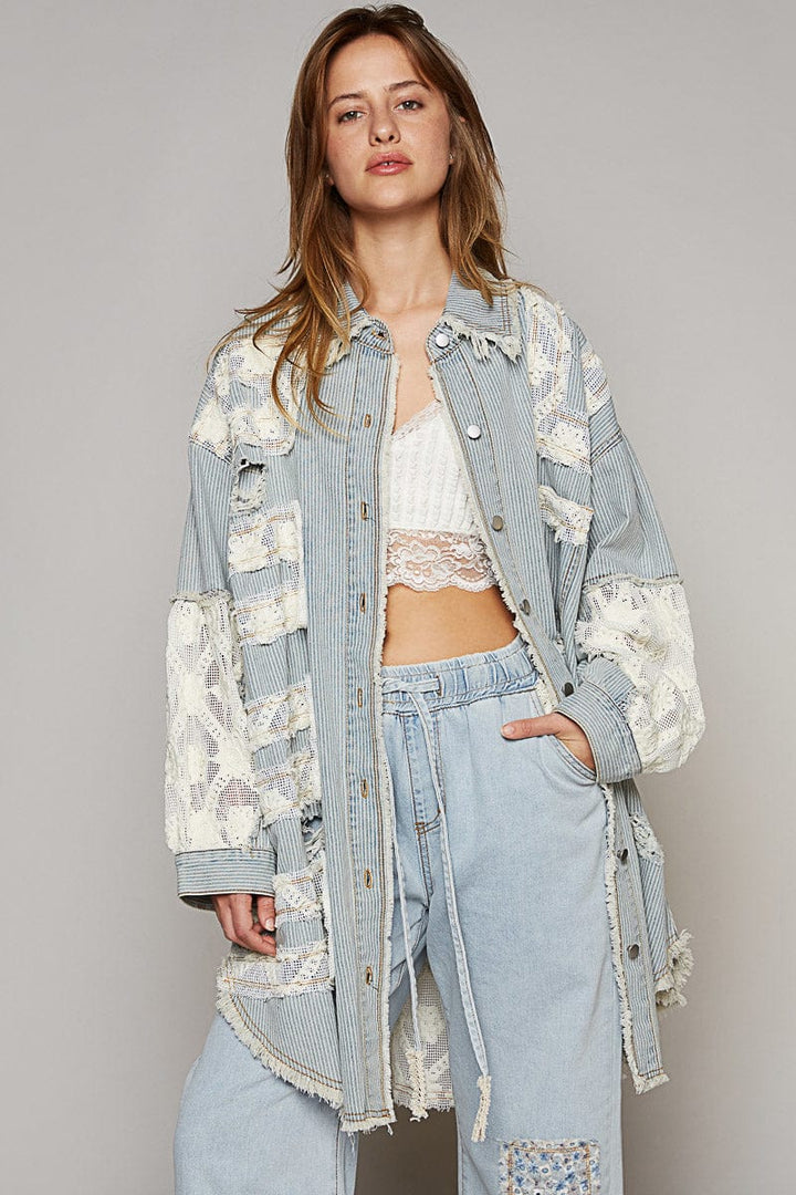 POL Lace and Crochet Patch Relaxed Fit Striped Denim Shacket with Distressed Edges
