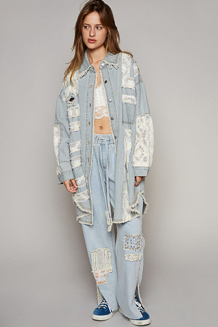 POL Lace and Crochet Patch Relaxed Fit Striped Denim Shacket with Distressed Edges