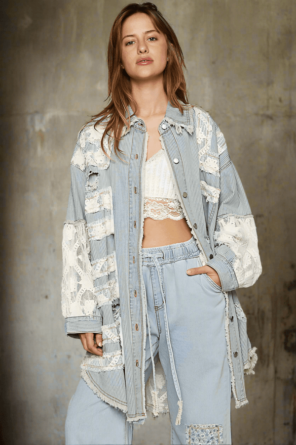 POL Lace and Crochet Patch Relaxed Fit Striped Denim Shacket with Distressed Edges