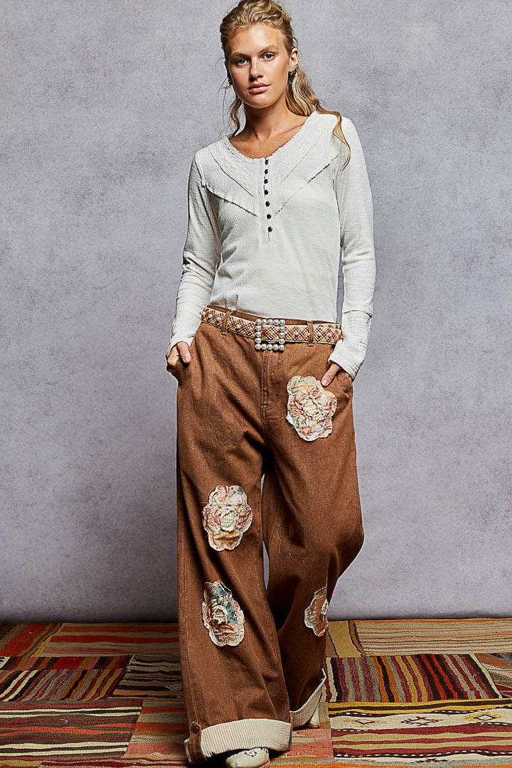 POL Lace Trim Point Henley Button Placket Solid Long Sleeve Top