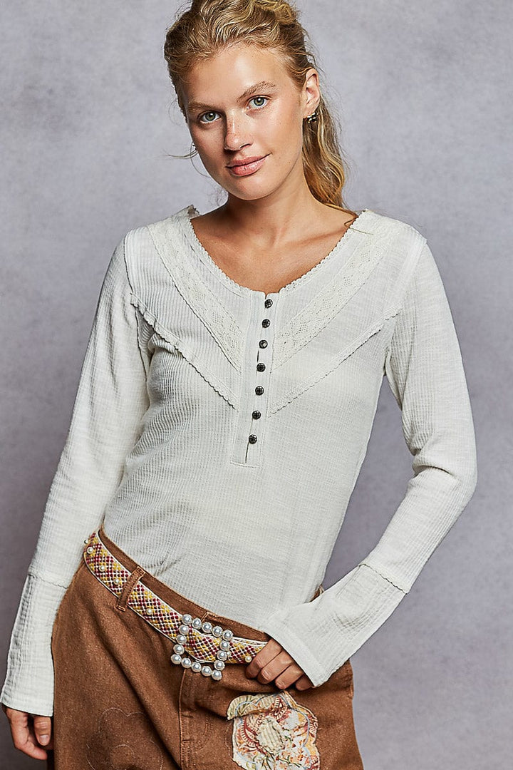 POL Lace Trim Point Henley Button Placket Solid Long Sleeve Top