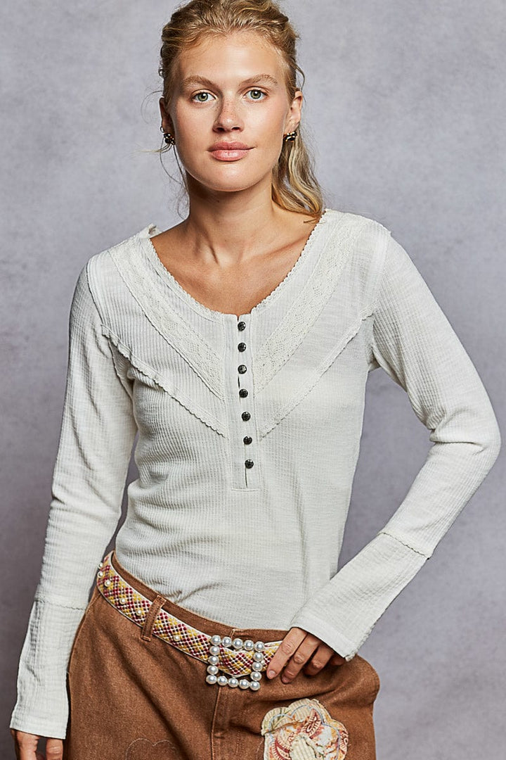 POL Lace Trim Point Henley Button Placket Solid Long Sleeve Top