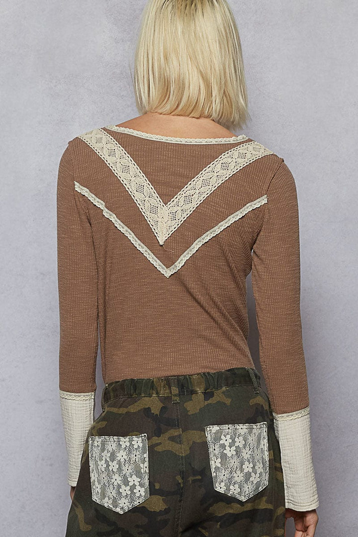 POL Lace Trim Point Henley Button Placket Solid Long Sleeve Top