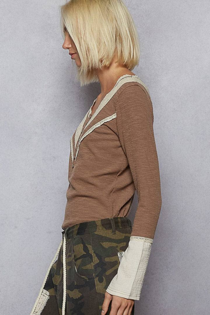 POL Lace Trim Point Henley Button Placket Solid Long Sleeve Top