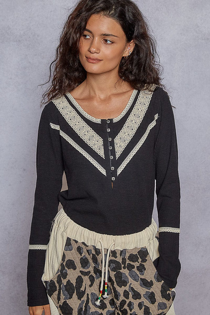 POL Lace Trim Point Henley Button Placket Solid Long Sleeve Top