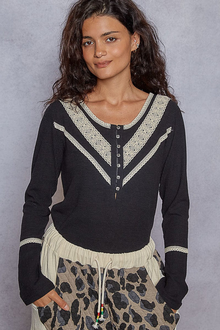POL Lace Trim Point Henley Button Placket Solid Long Sleeve Top