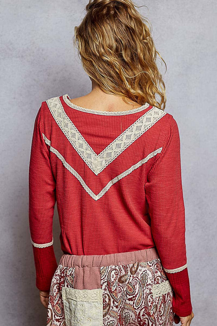 POL Lace Trim Point Henley Button Placket Solid Long Sleeve Top