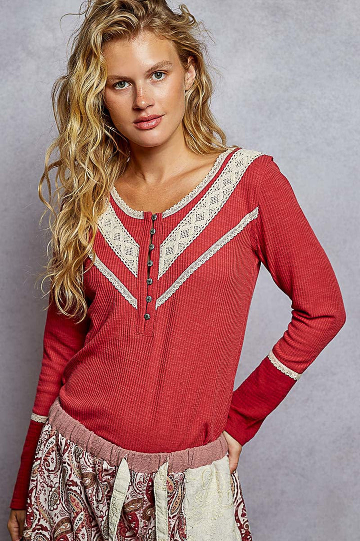 POL Lace Trim Point Henley Button Placket Solid Long Sleeve Top