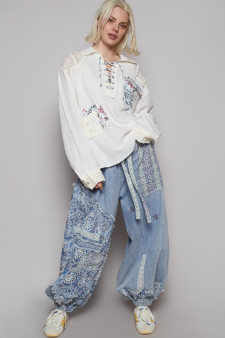 POL Lace Up Neckline Collared Double Gauze Pullover with Lace and Floral Pattern Patches