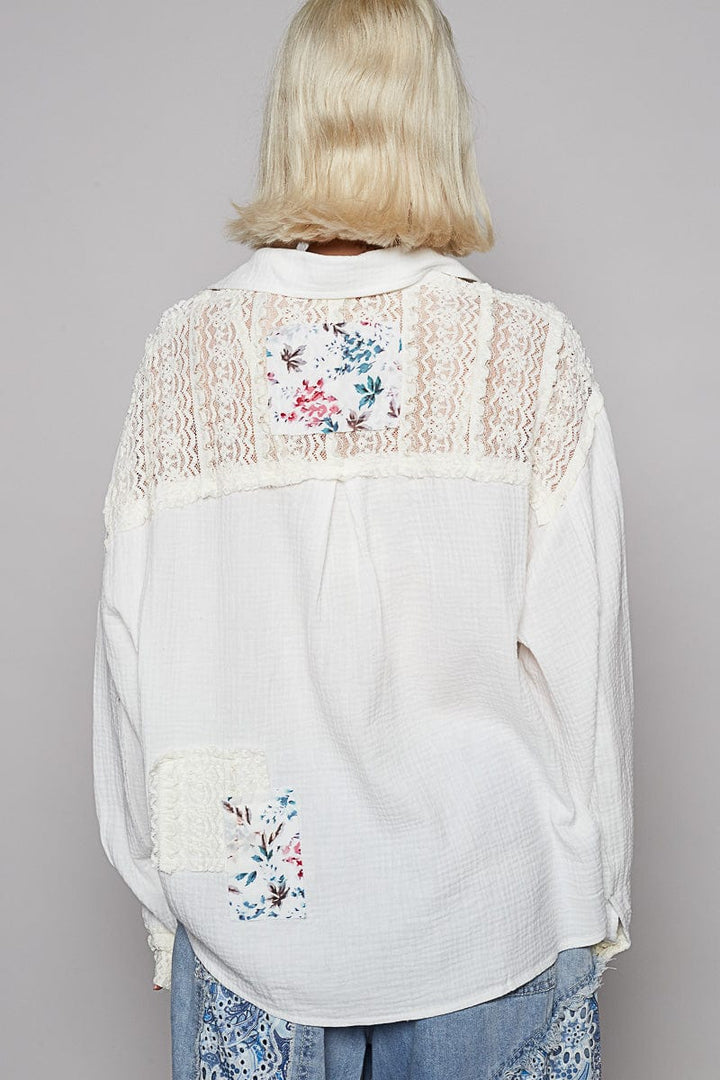 POL Lace Up Neckline Collared Double Gauze Pullover with Lace and Floral Pattern Patches