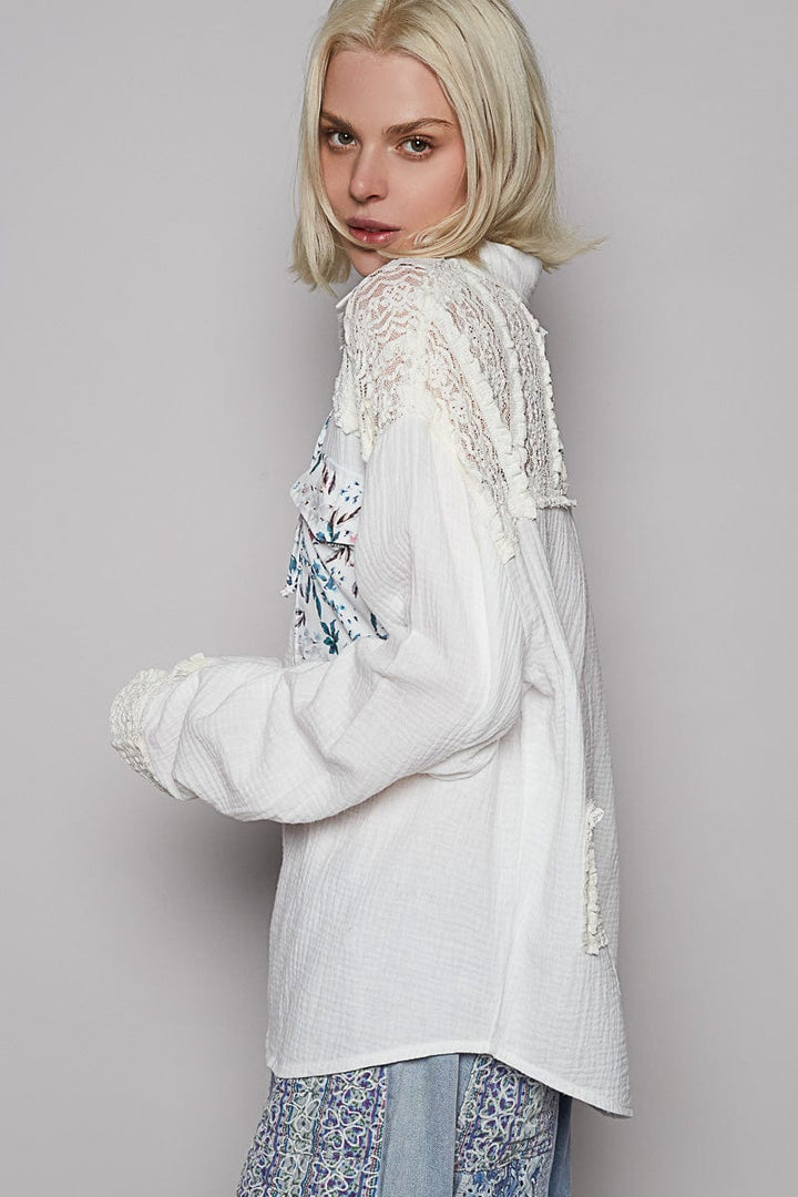 POL Lace Up Neckline Collared Double Gauze Pullover with Lace and Floral Pattern Patches