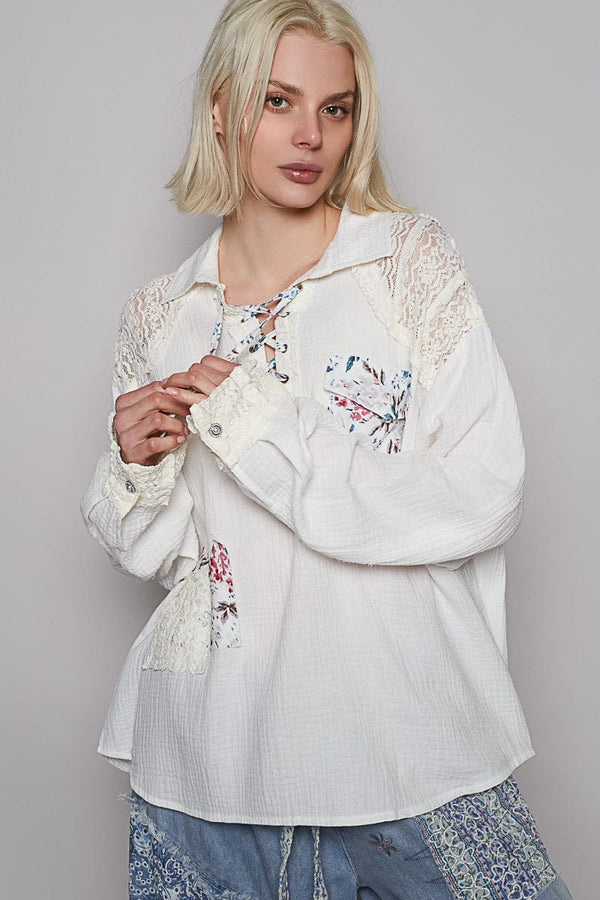 POL Lace Up Neckline Collared Double Gauze Pullover with Lace and Floral Pattern Patches
