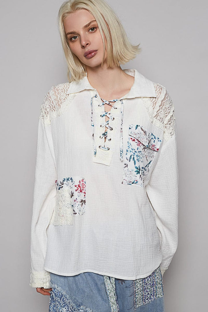 POL Lace Up Neckline Collared Double Gauze Pullover with Lace and Floral Pattern Patches