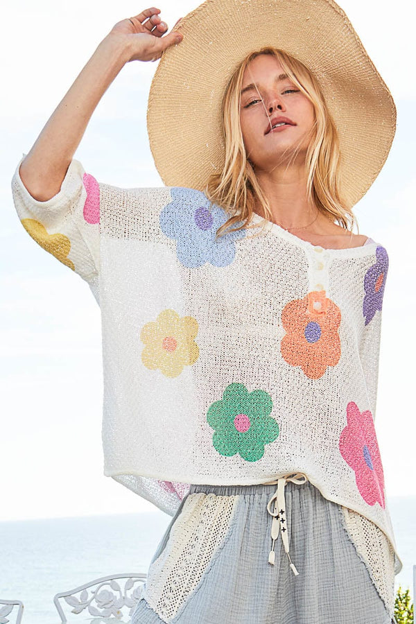 POL Lightweight Relaxed Fit Multicolor Flower Print Sweater