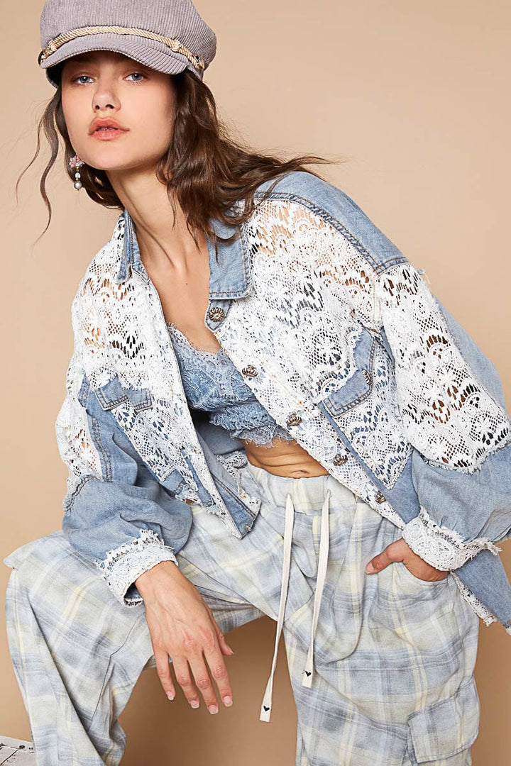 POL Long Sleeve Oversized Fit Denim and Lace Shacket Top