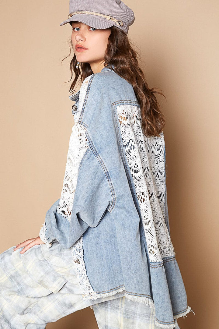 POL Long Sleeve Oversized Fit Denim and Lace Shacket Top