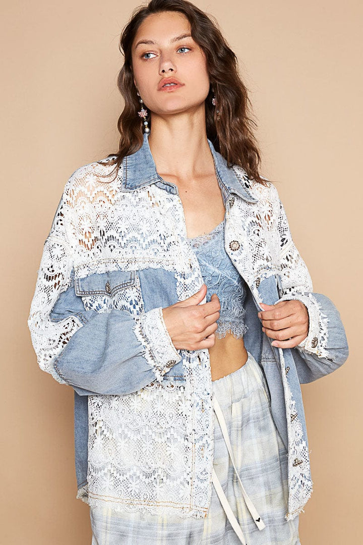 POL Long Sleeve Oversized Fit Denim and Lace Shacket Top