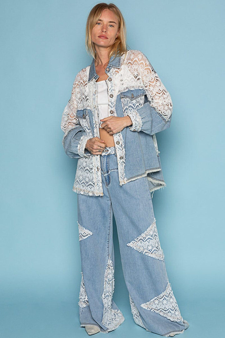 POL Long Sleeve Oversized Fit Denim and Lace Shacket Top