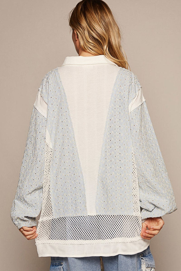 POL Long Sleeve Oversized Fit Shirt with See-Through Crochet Panel