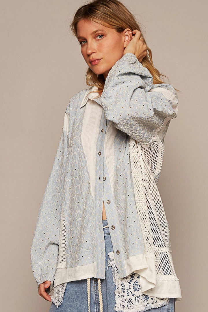 POL Long Sleeve Oversized Fit Shirt with See-Through Crochet Panel