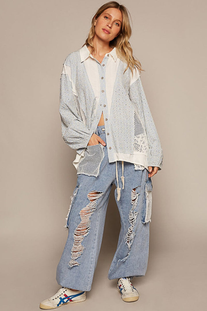 POL Long Sleeve Oversized Fit Shirt with See-Through Crochet Panel