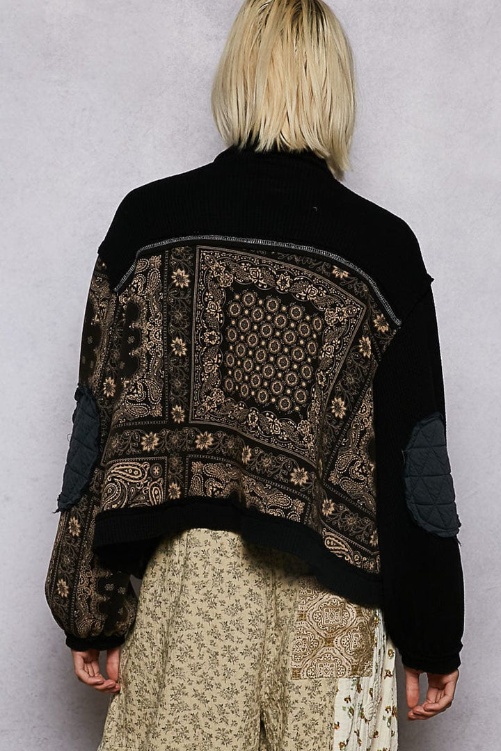 POL Long Sleeve Quilt and Bandana Print Button Down Jacket with Pockets