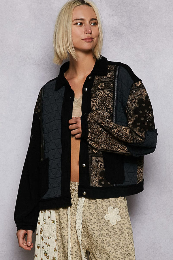 POL Long Sleeve Quilt and Bandana Print Button Down Jacket with Pockets