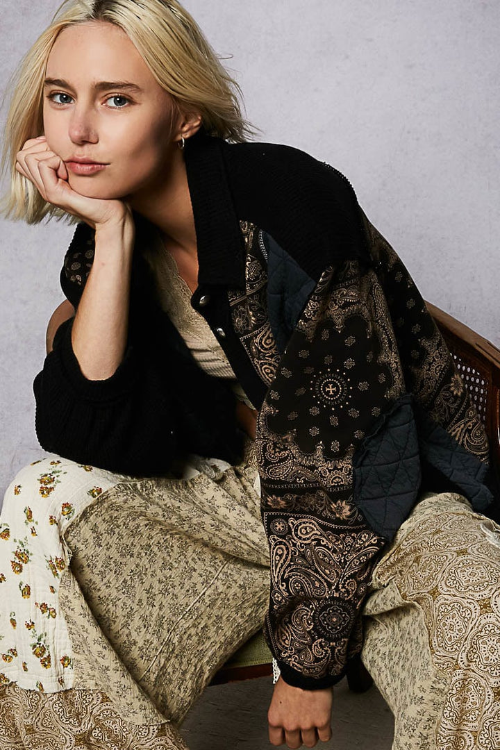POL Long Sleeve Quilt and Bandana Print Button Down Jacket with Pockets