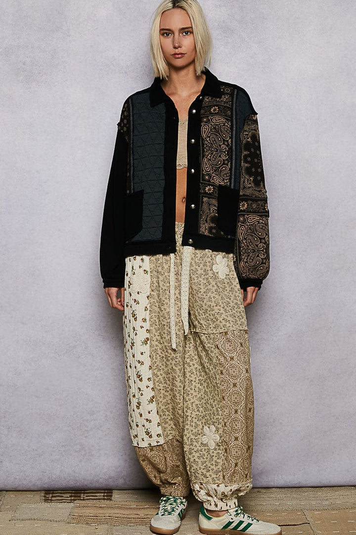 POL Long Sleeve Quilt and Bandana Print Button Down Jacket with Pockets