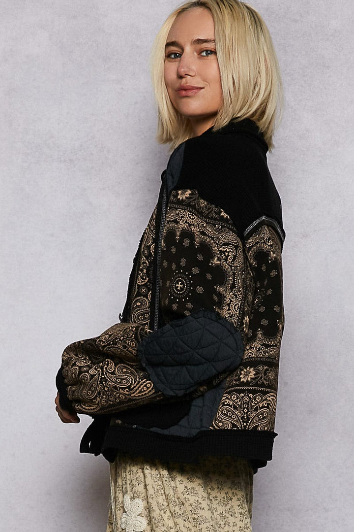 POL Long Sleeve Quilt and Bandana Print Button Down Jacket with Pockets