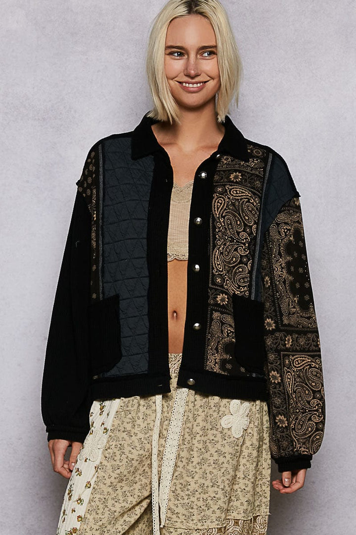 POL Long Sleeve Quilt and Bandana Print Button Down Jacket with Pockets