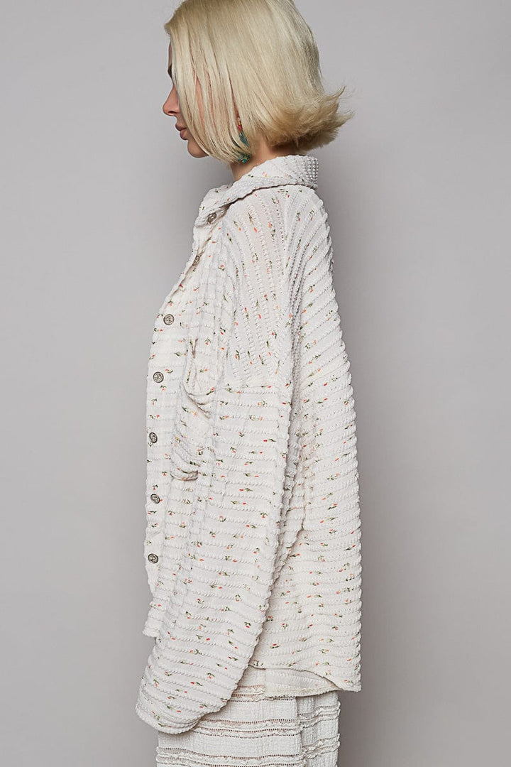 POL Long Sleeve Relaxed Fit Dainty Floral Print Textured Fabric Button Down Top