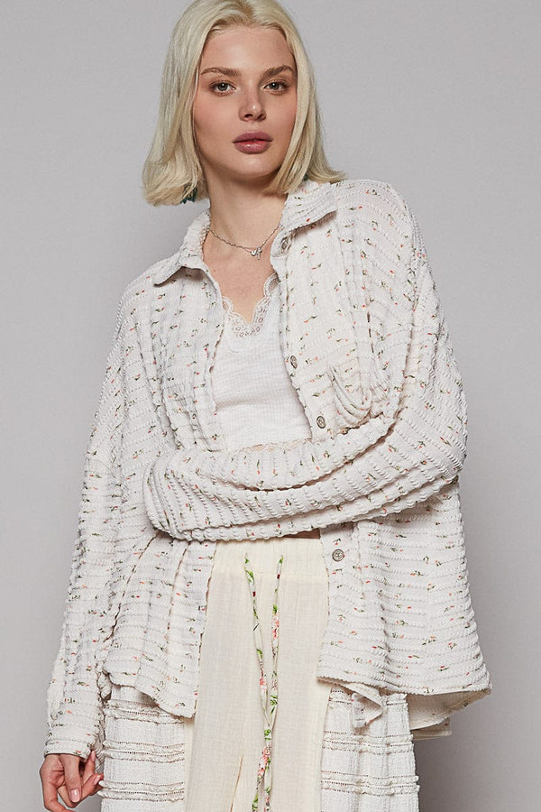 POL Long Sleeve Relaxed Fit Dainty Floral Print Textured Fabric Button Down Top