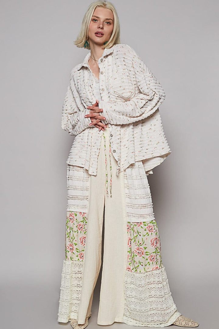 POL Long Sleeve Relaxed Fit Dainty Floral Print Textured Fabric Button Down Top