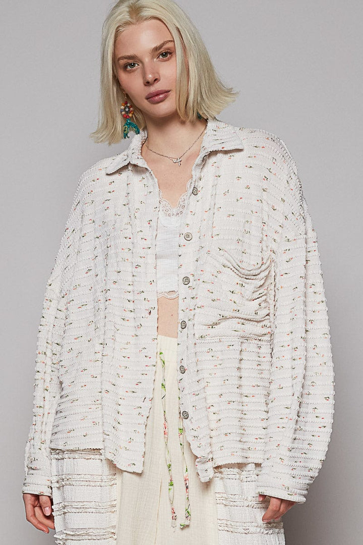 POL Long Sleeve Relaxed Fit Dainty Floral Print Textured Fabric Button Down Top