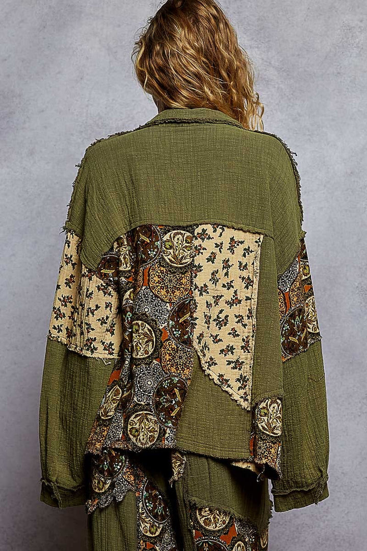 POL Long Sleeve Roomy Fit Double Gauze and Floral Print Mix Patchwork Button Down Shirt