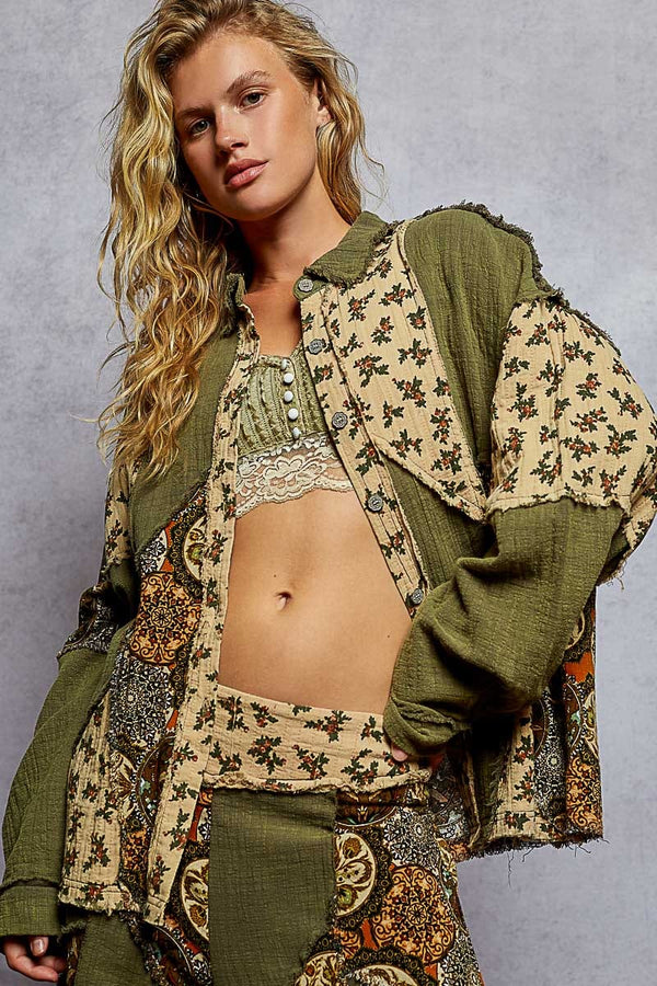 POL Long Sleeve Roomy Fit Double Gauze and Floral Print Mix Patchwork Button Down Shirt