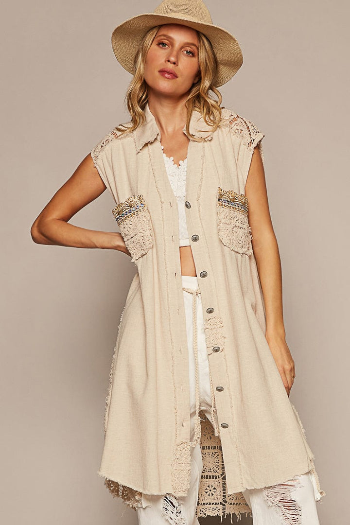 POL Long Sleeveless Shacket with Beaded Front Pocket Detailing and Crochet Back Panel