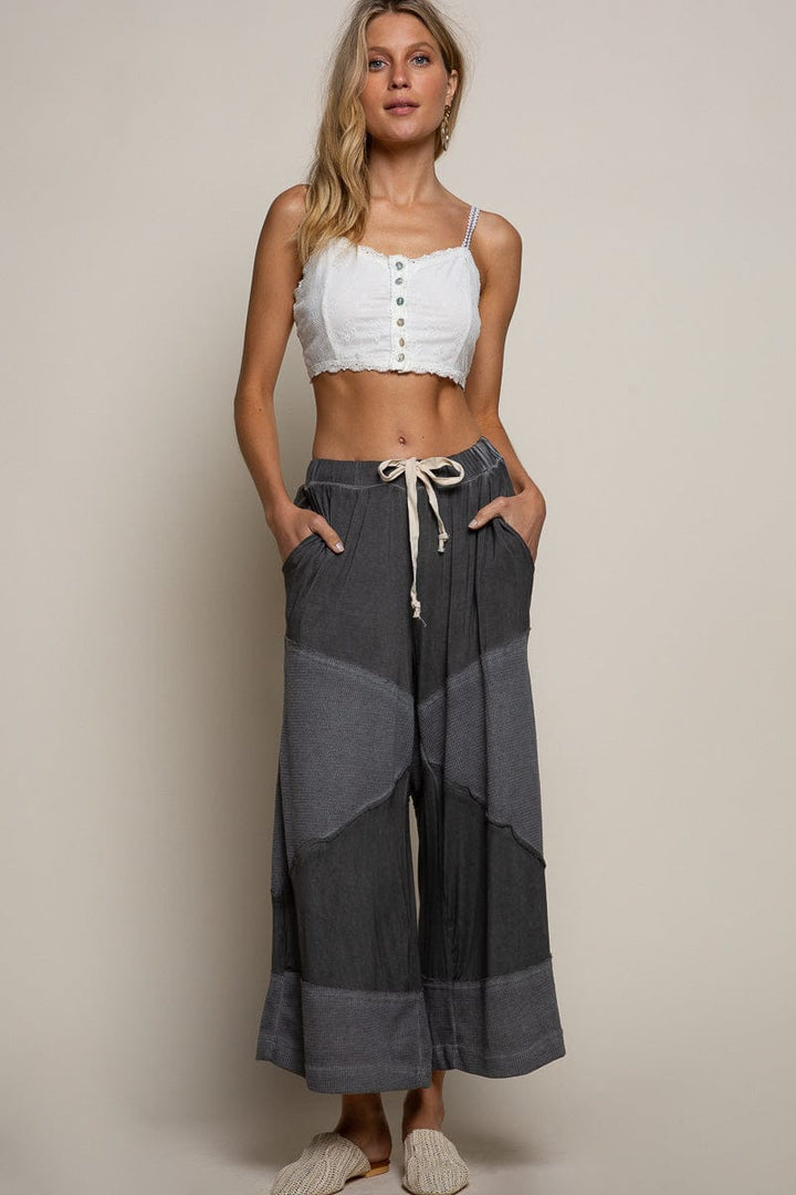 POL Loose Knit Elastic Waistband Culotte Tie Pants with Mixed Fabric Patches