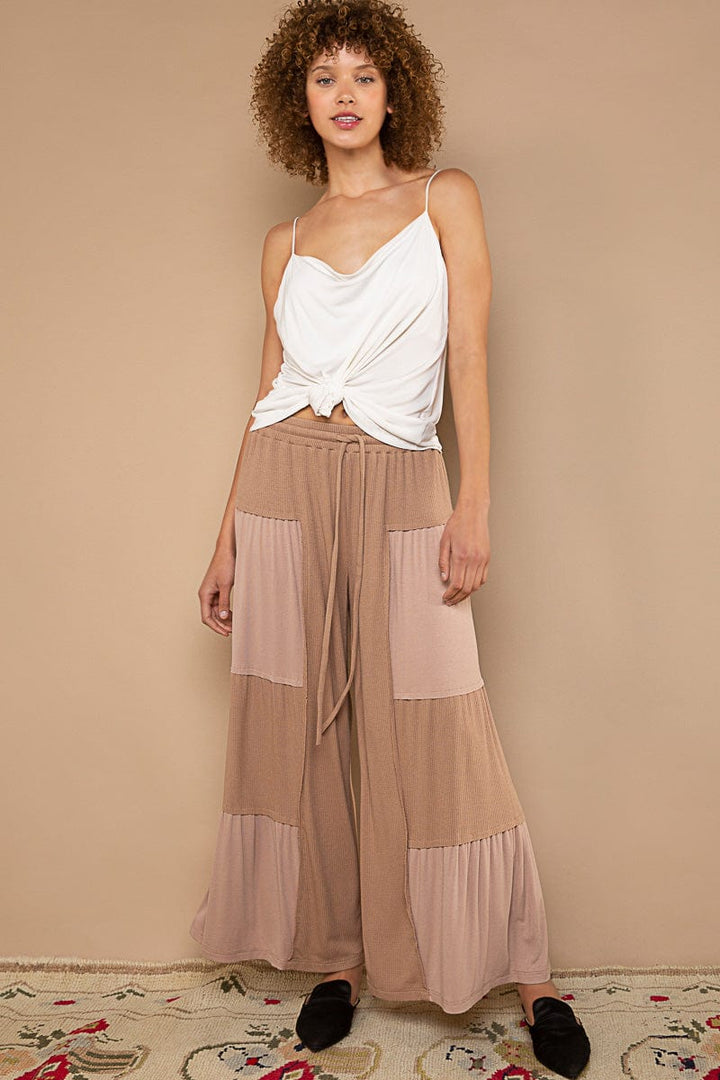 POL Loose Knit Wide Leg Ribbed Fabric Panel Pants