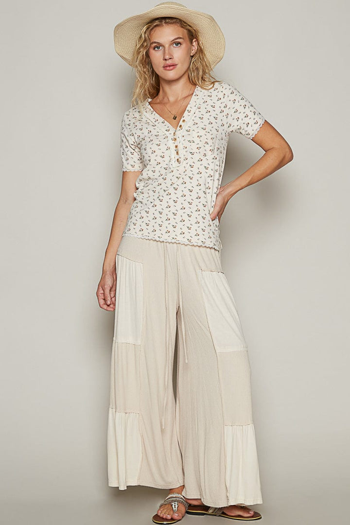 POL Loose Knit Wide Leg Ribbed Fabric Panel Pants