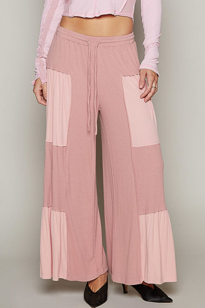 POL Loose Knit Wide Leg Ribbed Fabric Panel Pants