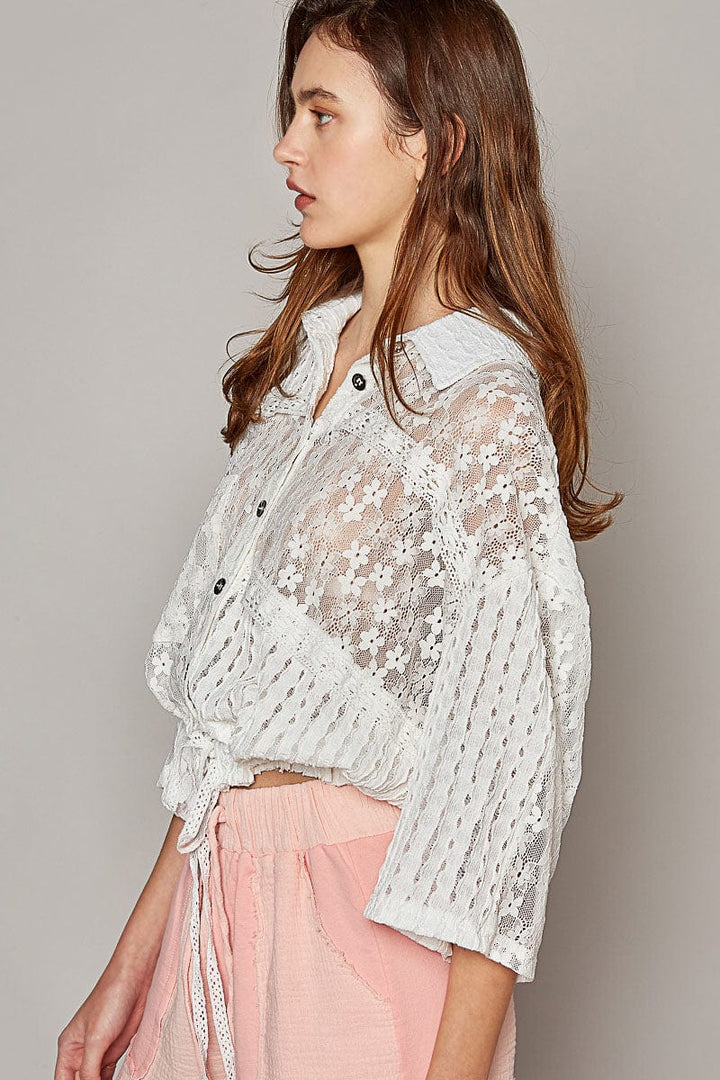 POL Mixed Fabric Relaxed Fit Lace with Ruffled and Cinched Bottom