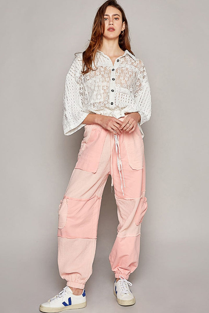 POL Mixed Fabric Relaxed Fit Lace with Ruffled and Cinched Bottom