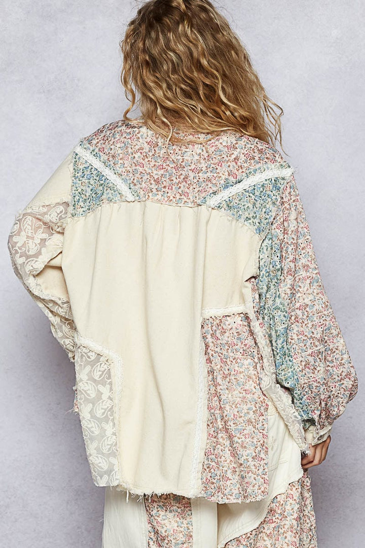 POL Mixed Floral Print and Lace Patchwork Balloon Sleeve Denim Jacket