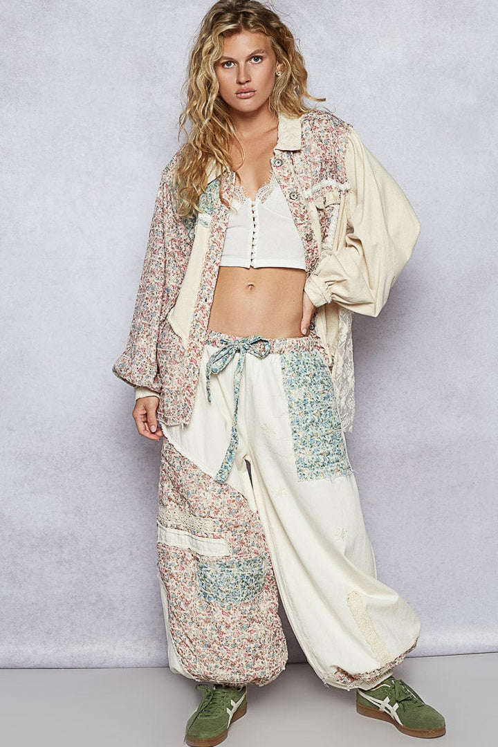 POL Mixed Floral Print and Lace Patchwork Balloon Sleeve Denim Jacket
