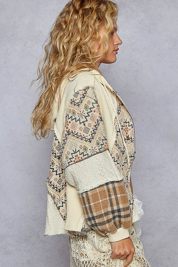 POL Mixed Knit, Plaid, and Embroidered Fabric Mix Zip Up Balloon Sleeve Hoodie Jacket