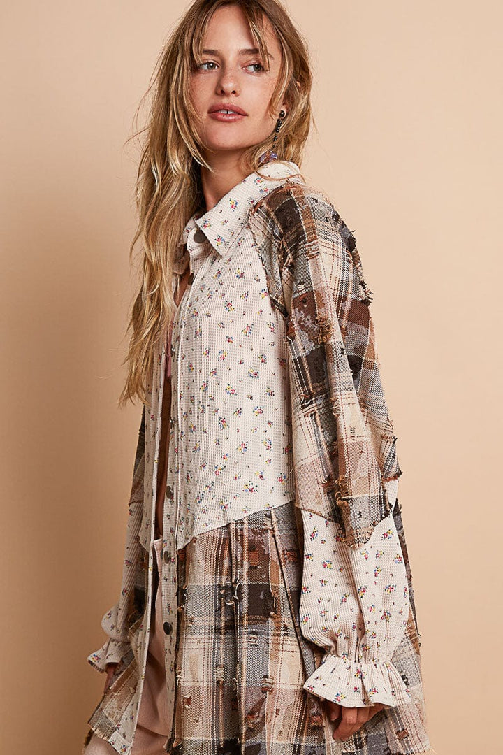 POL Mixed Plaid and Floral Print Long Sleeve Roomy Button Down Top